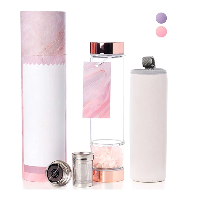 Custom Logo Rose Quartz Borosilicate Glass Gemstone Crystal Water Bottle