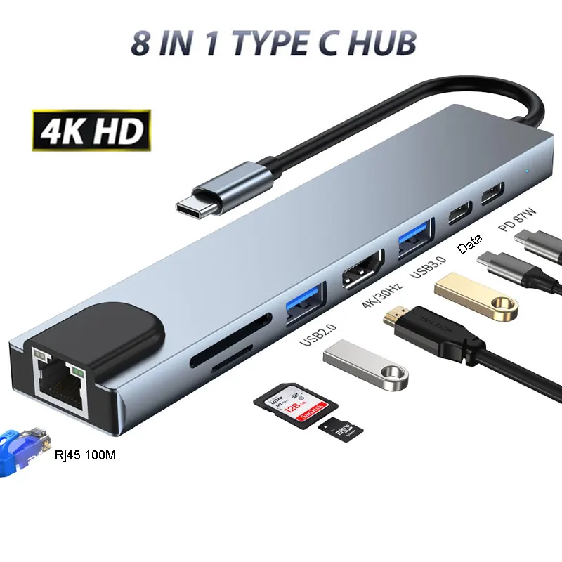 8 In 1 Usb C Hub Type C To 4K UHD Rj45 Ethernet Usb 3.0 Ports Sd / Tf Card Reader For Macbook Pro Docking Station