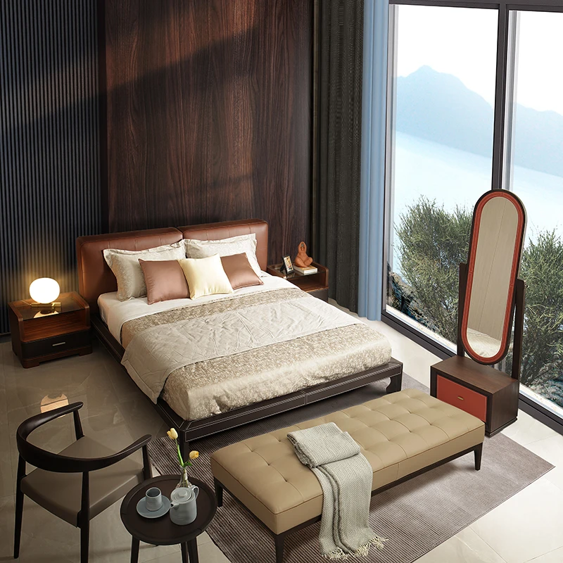 Modern Simple Solid Wood Double Bed Light Luxury Master Bedroom Soft Bag Imported Leather Atmospheric