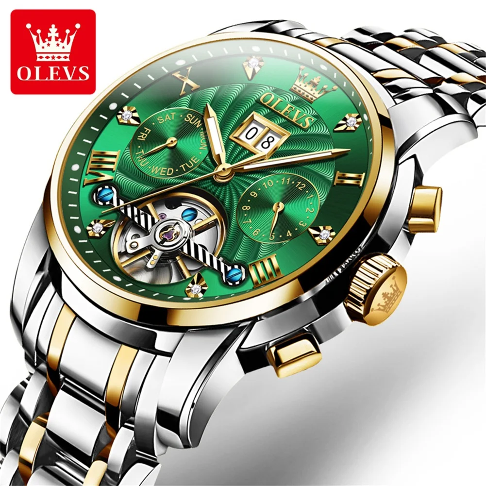 Olevs 9910 sports automatic tourbillon slef wind luxury waterproof metal classic cool stainless steel luminous Date Men Watch