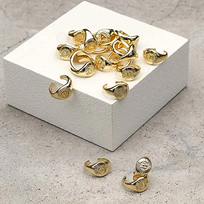 Gold Plated Initial Letter A-Z Signet Open Ring for Women Girls Stylish Knuckle Stackable Party Open Ring