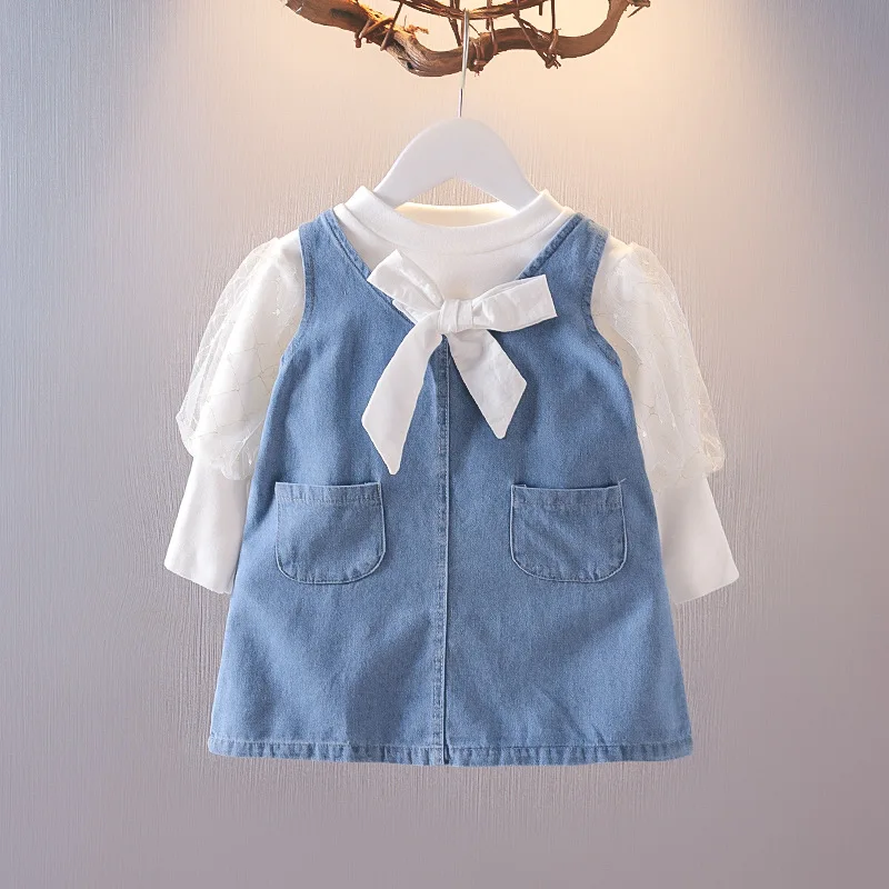 Детское платье CSY225, осенний комплект, весенний хлопковый комплект с длинным рукавом, Детский галстук-бабочка и подтяжки, комплект детской одежды из 2 предметов для девочек