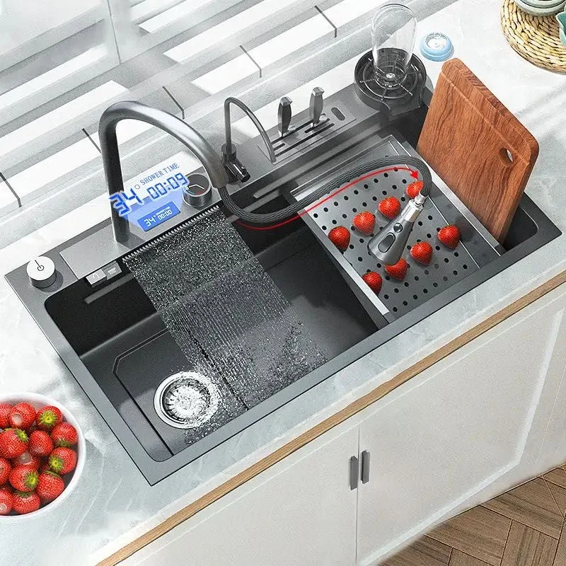 Complete Whole Set Waterfall Kitchen Sink Big Single Bowl with Dish Rack Under Mount Sinks Stainless Steel Modern Polished