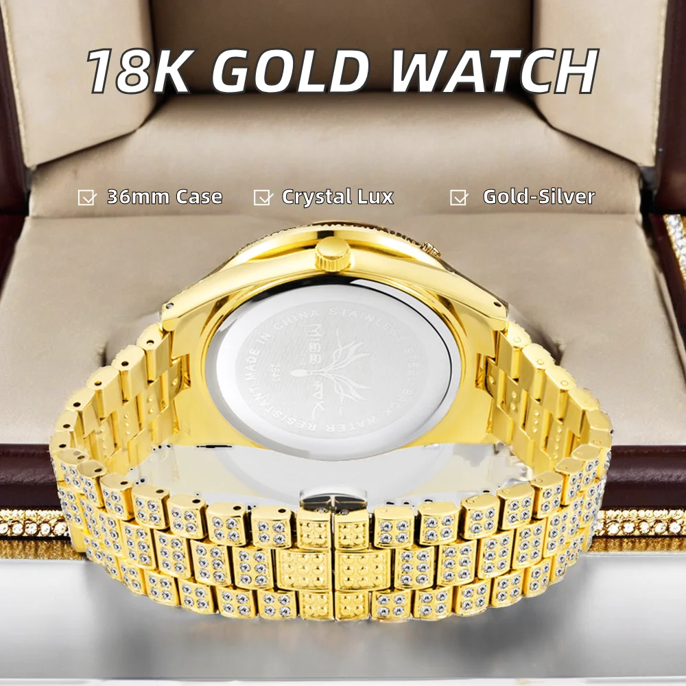 18K Real Gold IPS Nano Vacuum Plated Ladies Watch Full Crystal Diamond 36mm Analog 9mm Case Thickness Quartz Steel Buckle Luxury