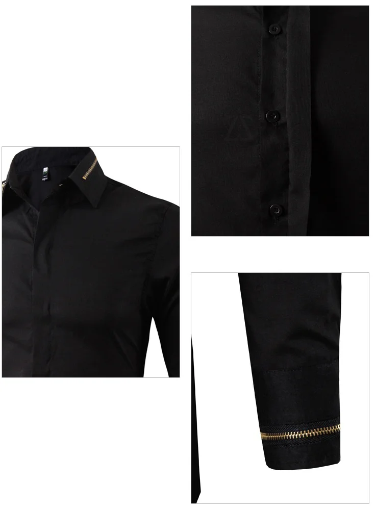 
Fashion trend new zipper decoration pure white black handsome long-sleeved mens shirts 