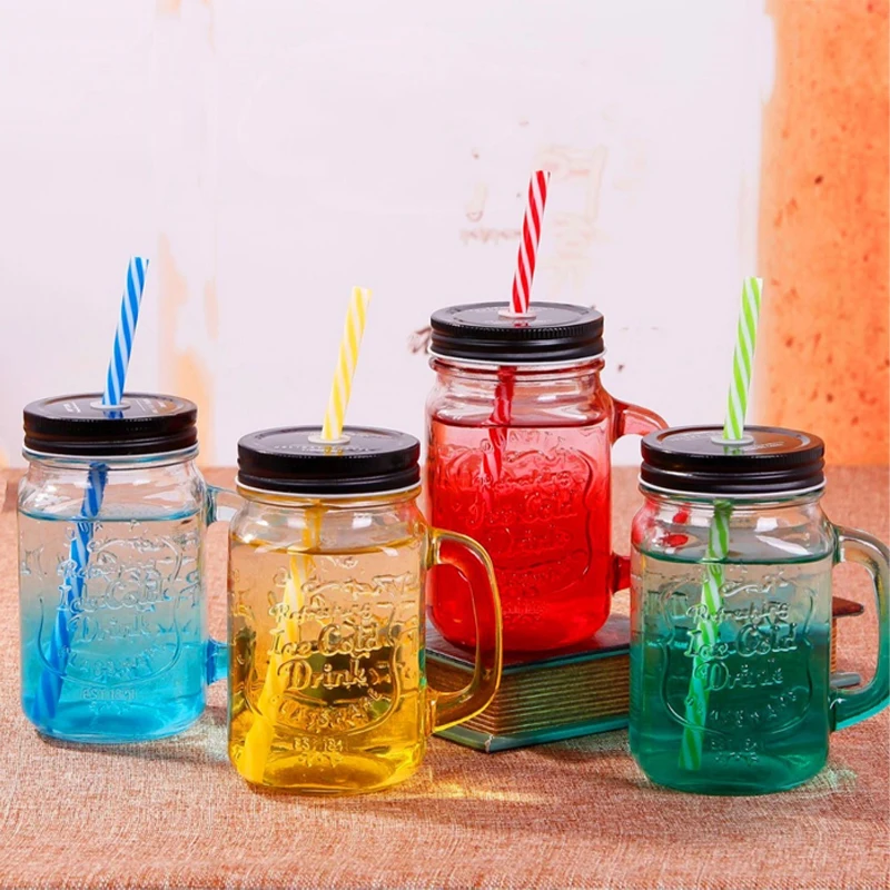 350ml Iced Coffee Tea Smoothie Mason Jar with Handle Metal Lid