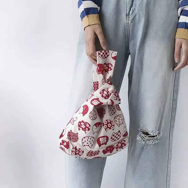 Eco Mini Portable Japanese Style Wrist Pouch Bag Sleeve Knot Cotton Canvas Simple Wrist Knot Bag Women