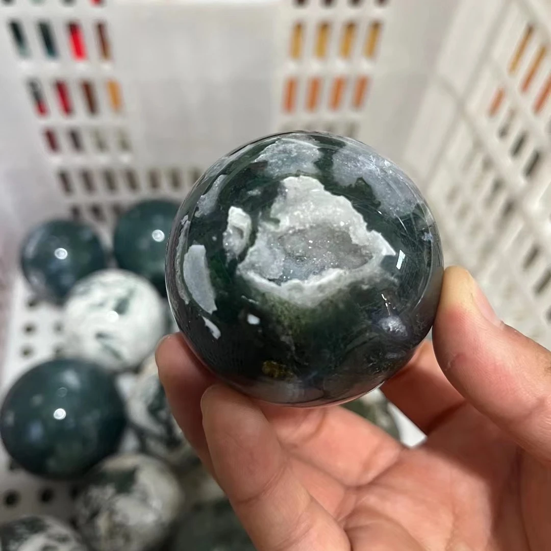 Moss Agate Sphere Druzy Agate Geode Sphere Healing Quartz Crystal Sphere for decoration