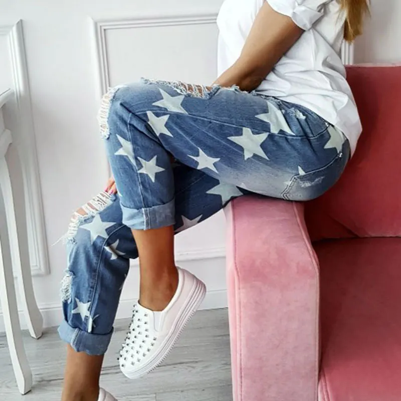 
Fashion Blue Star Ripped Distressed Denim Jeans Women 