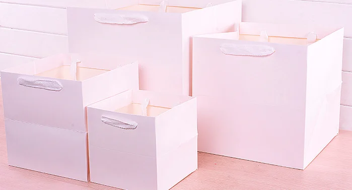 Custom Large Square Flower Cake Paper Carry Bag With Ribbon