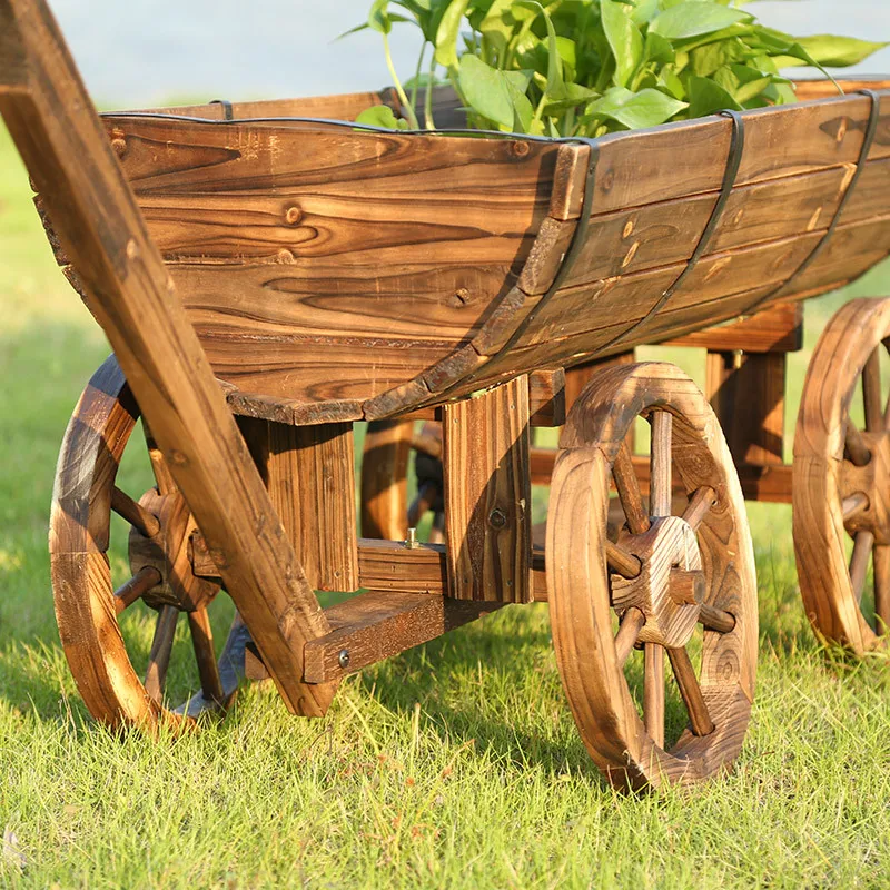 Rustic  Wooden Barrel Country Garden Wagon Planter Cart