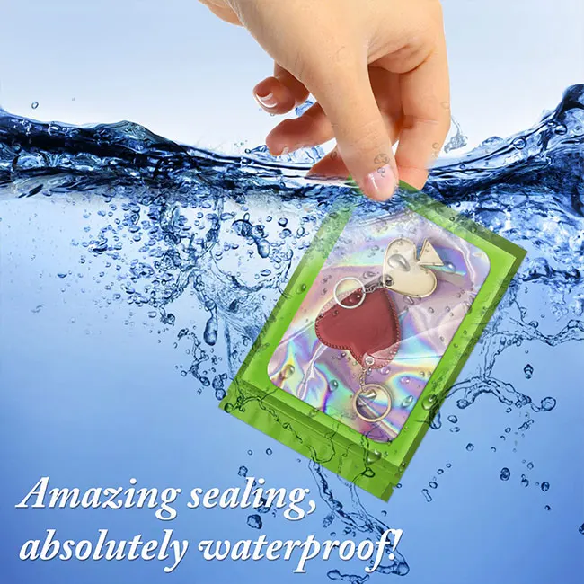 Custom Logo Ziplock Resealable Smell Proof Holographic Glitter Zip Lock Mylar Plastic Bags With Windows Green For Jewelry