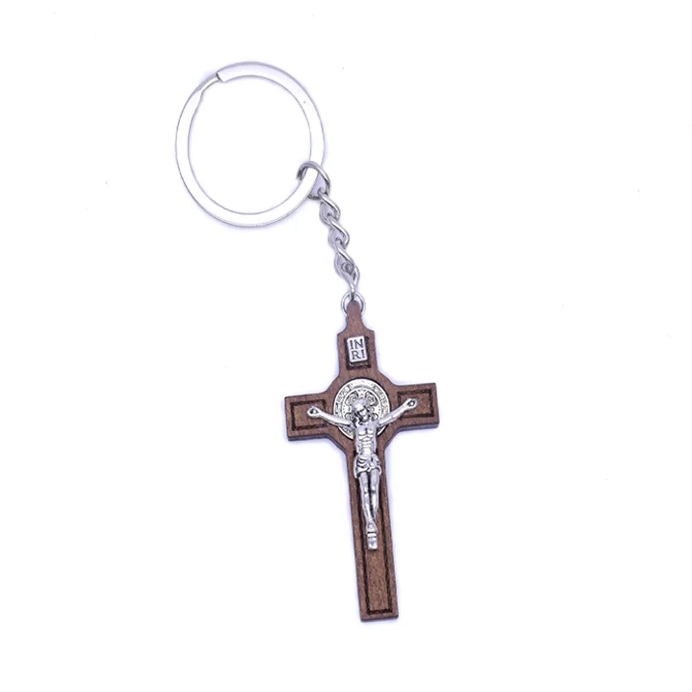 Custom St. Benedict wooden key chain pendant Metal Religious Jesus Keychain With Cross