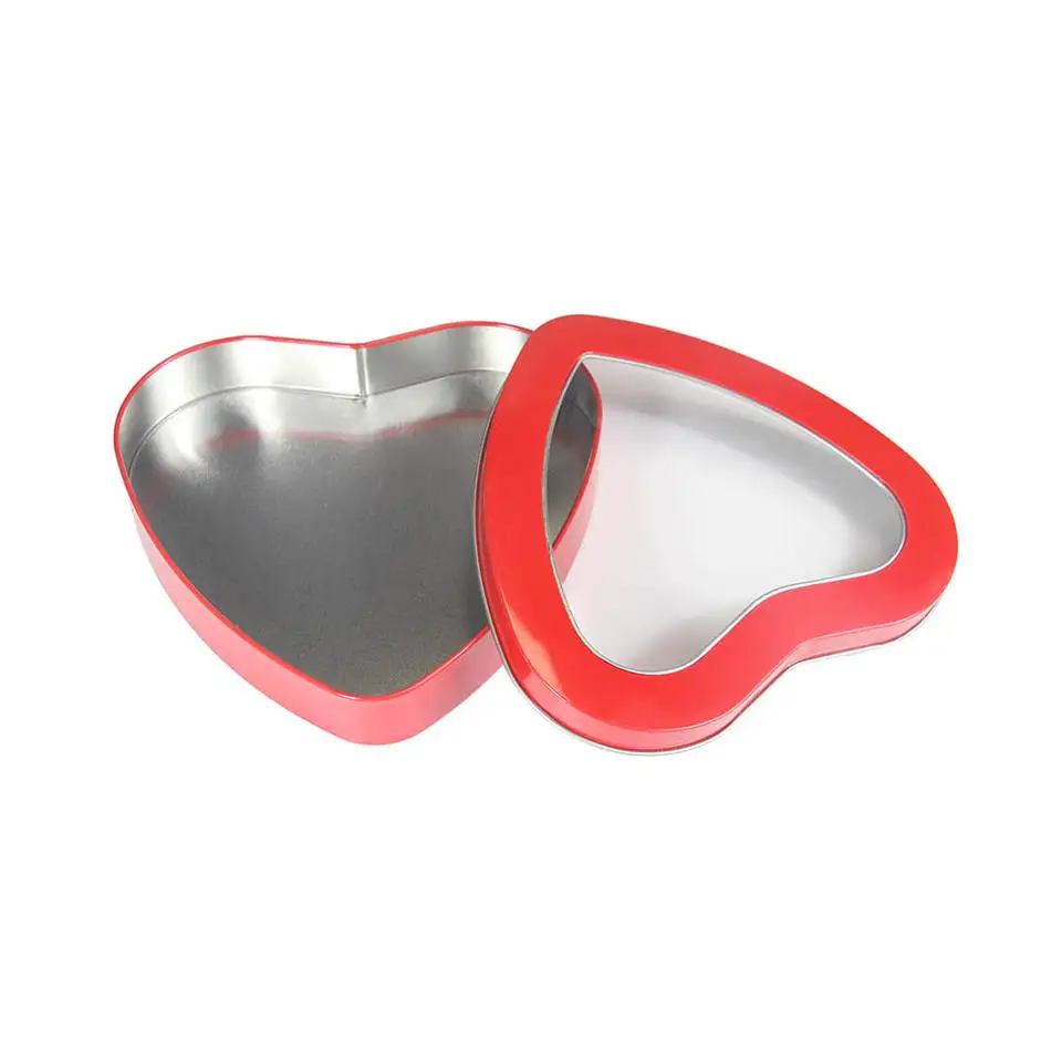 High Quality Red Heart Tin Box Cookie Chocolate Tin Box,Biscuit Heart Shape Tin Can With Clear Window