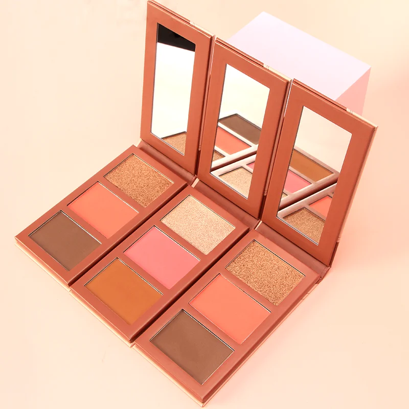 3 in 1 private label waterproof blush highlighter pressed contour face powder palette bronzer for black women