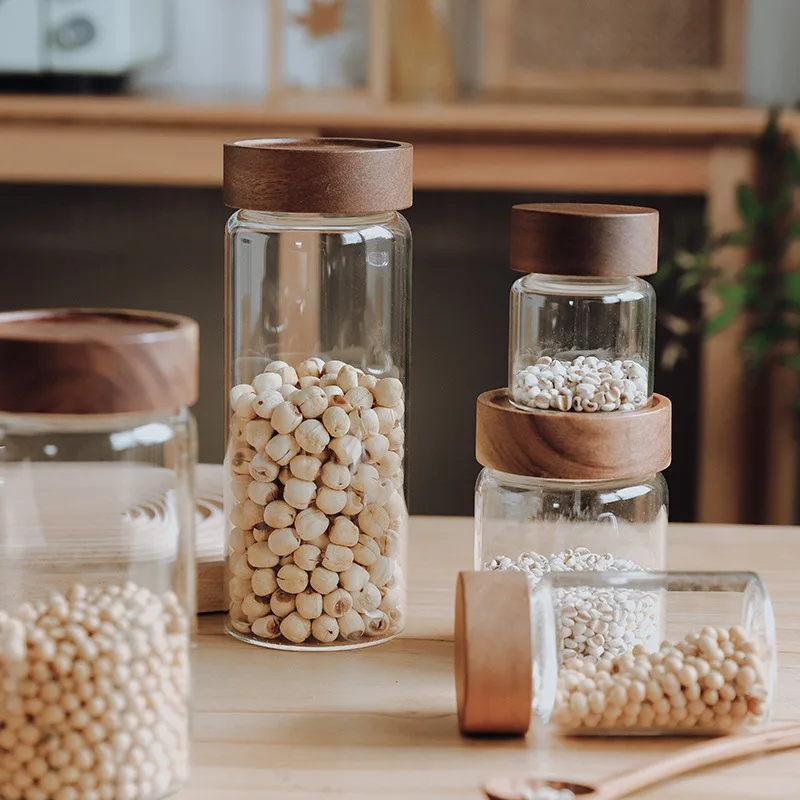 wholesale factory price Kitchen Storage thread type borosilicate glass food storage jars with airtight Acacia wooden screw Lid