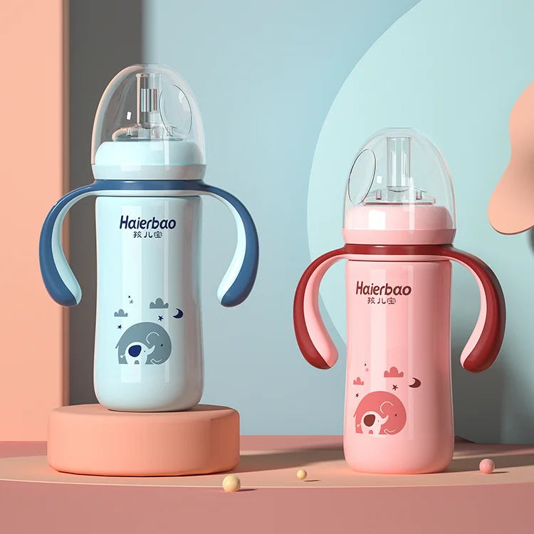 Silicone nipple ippy straight double handle mug stainless steel insulated training sippy cup thermos baby feeding milk bottle