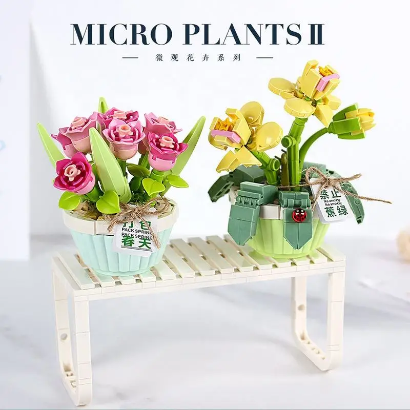 CE Building Block Bouquet Chrysanthemum Rose Flower Assembly Brick 3D Model Toy Home Decoration Plant Potted Girl Toy Child Gift