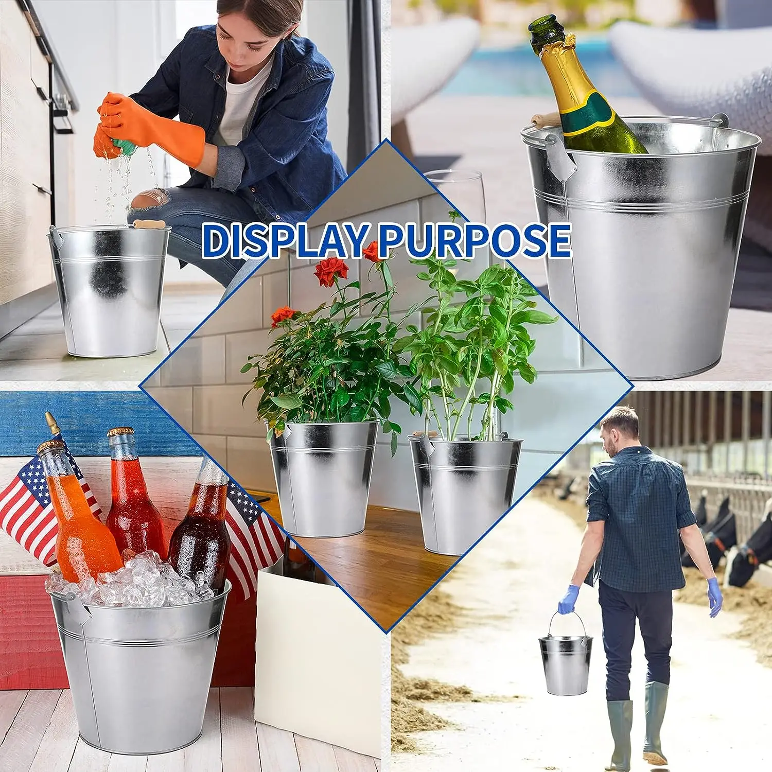 Cash Commodity Large Galvanized Metal Bucket with Handle 25.4cm Heavy Duty Stainless Steel Round for Party Wedding
