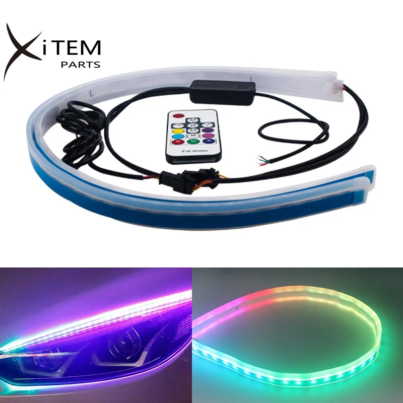 New Slim RGB Flowing Sequential Flexible LED DRL For Headlight Strip Daytime Running Lights with Remote Control