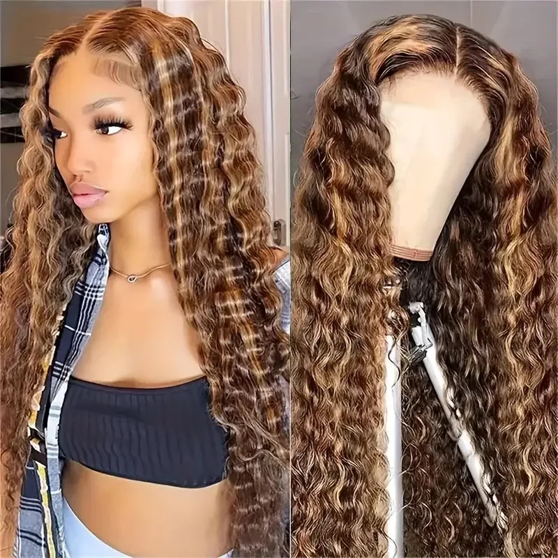 Hot Selling Piano Color Highlight Long Brown Wigs Small Curly Hair  Lace Long Curly Wig African