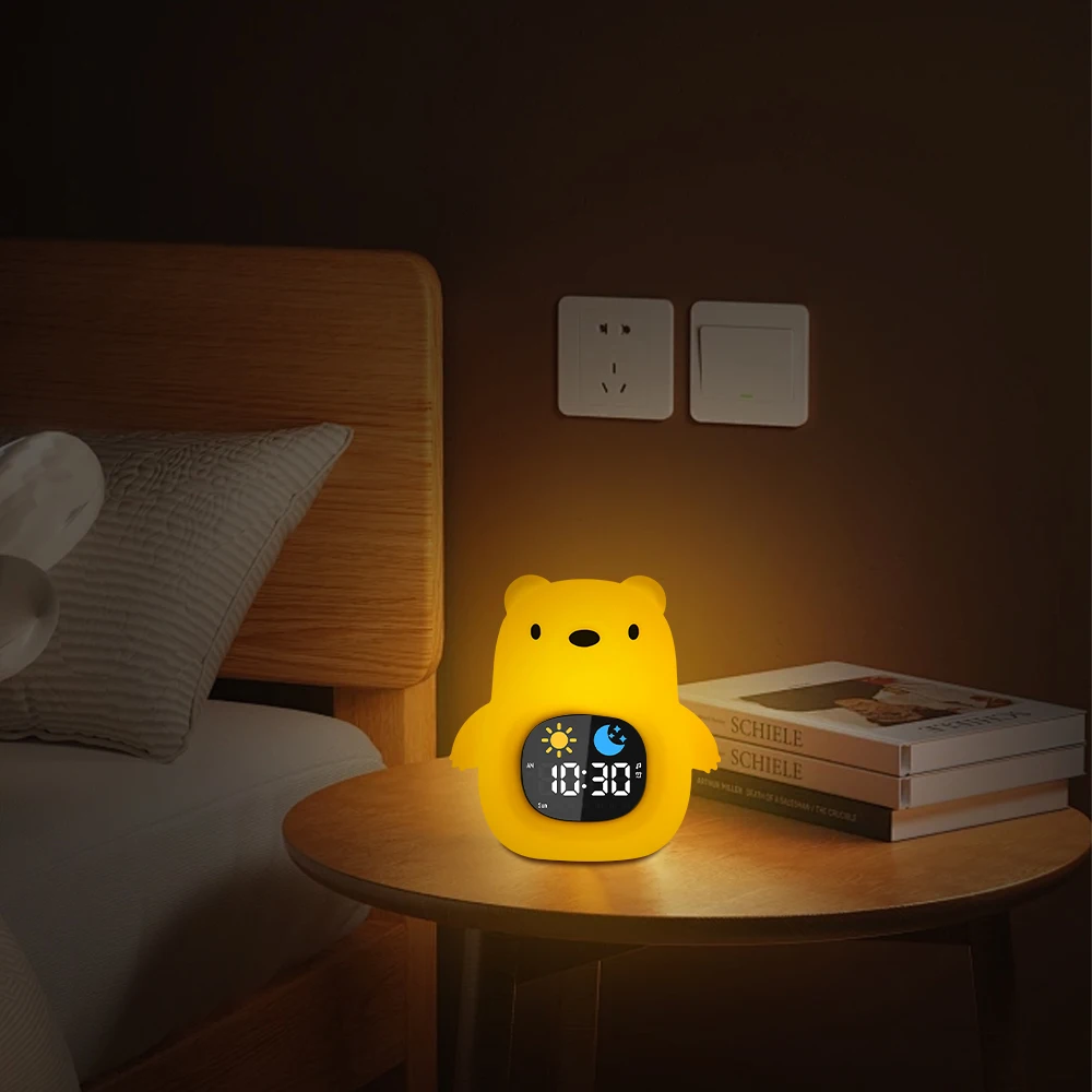 Wholesale Bear Shape Neon Light Clock Calendar System Baby Nursery Room Clock Lamp Kid Sleep Trainer Alarm Clock for Desk &Table