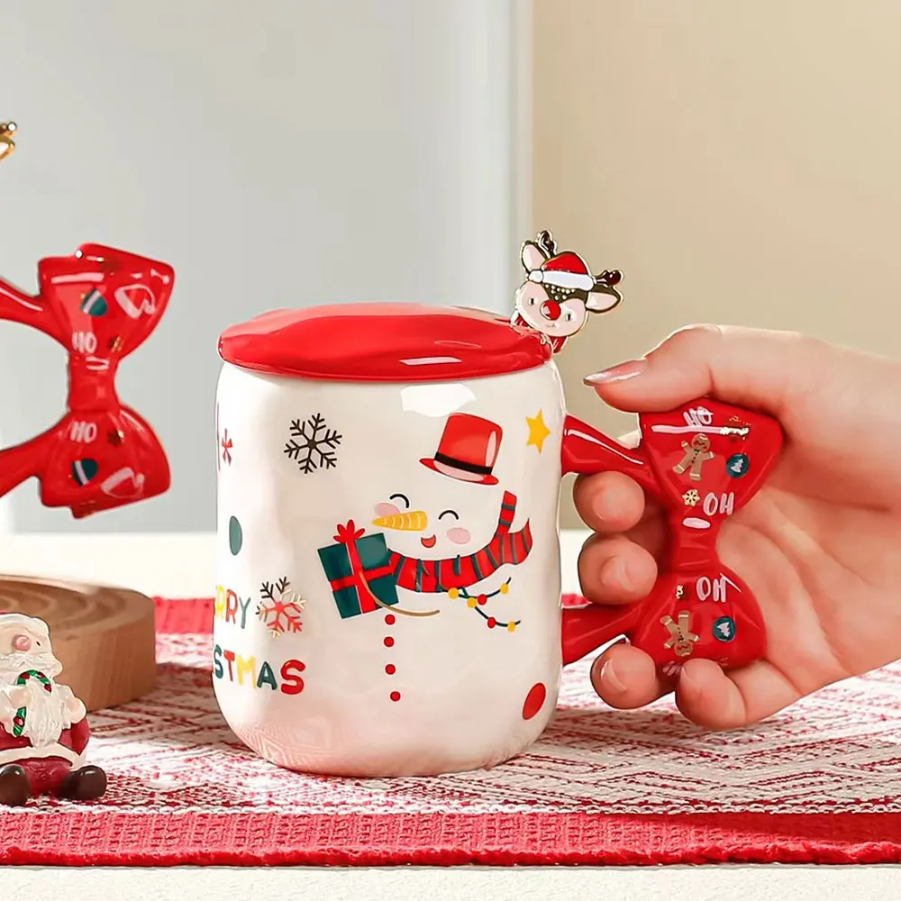 Wholesale funny Christmas mug 450ml daily bow handle ceramic coffee mug with spoon and gift box
