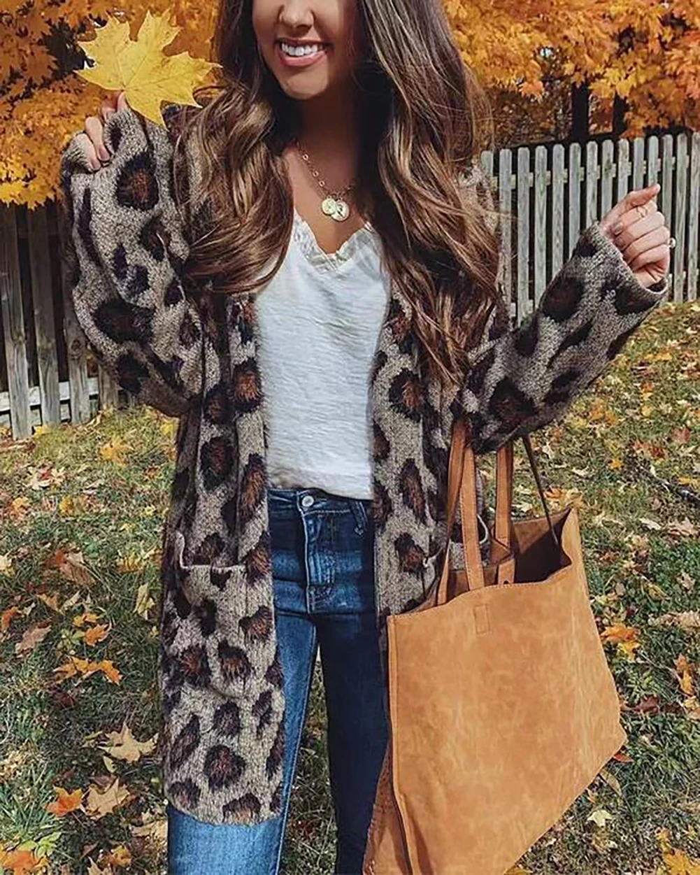 
 Женский зимний Кардиган с длинным рукавом, повседневный Свободный кардиган средней длины с кроличьим мехом и леопардовым принтом  