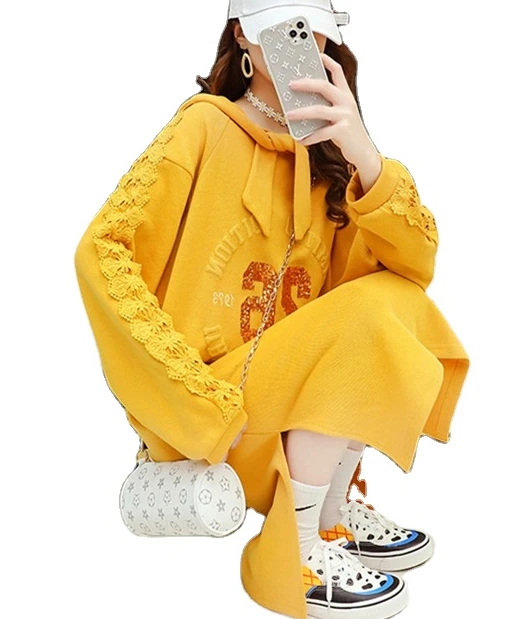 Длинный весенне-осенний топ с капюшоном в свитере-новое модное женское платье