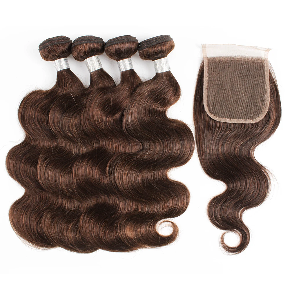Dark Brown Color 4 Brazilian Human Hair  Bundles With Closure