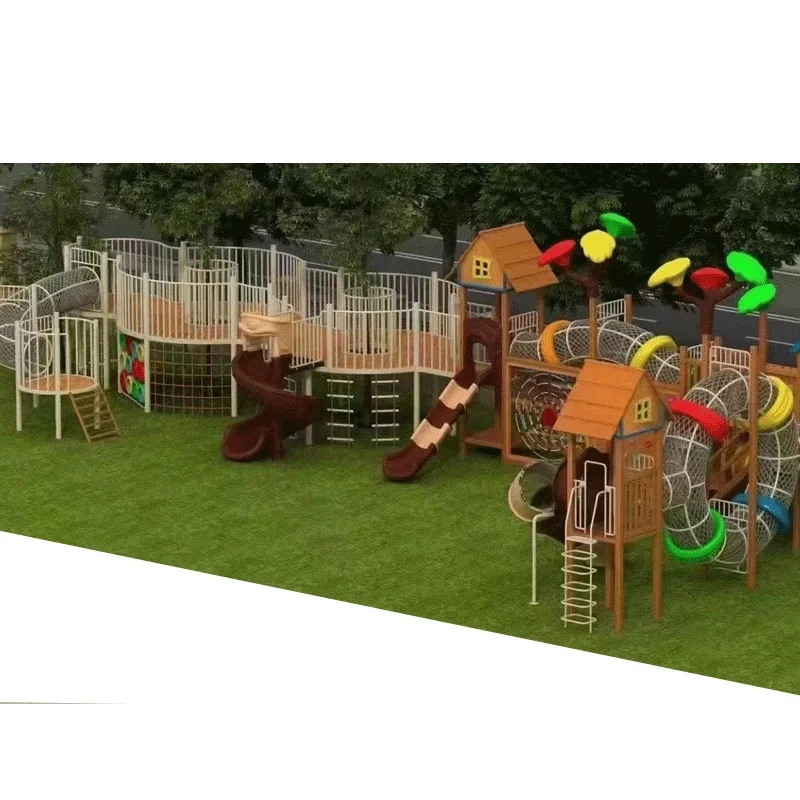 Plastic Slide and Wooden Kids  Houses Playhouse with outdoor playground Slide and Climbing swing Kids Wood Indoor  playground Sl