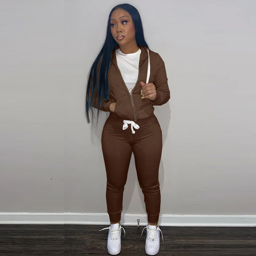K21S08648 Fall Winter Fashion Long Sleeved Hooded Top High Waist Tight Fitting Pants Jogger Women Sports Casual Two Piece