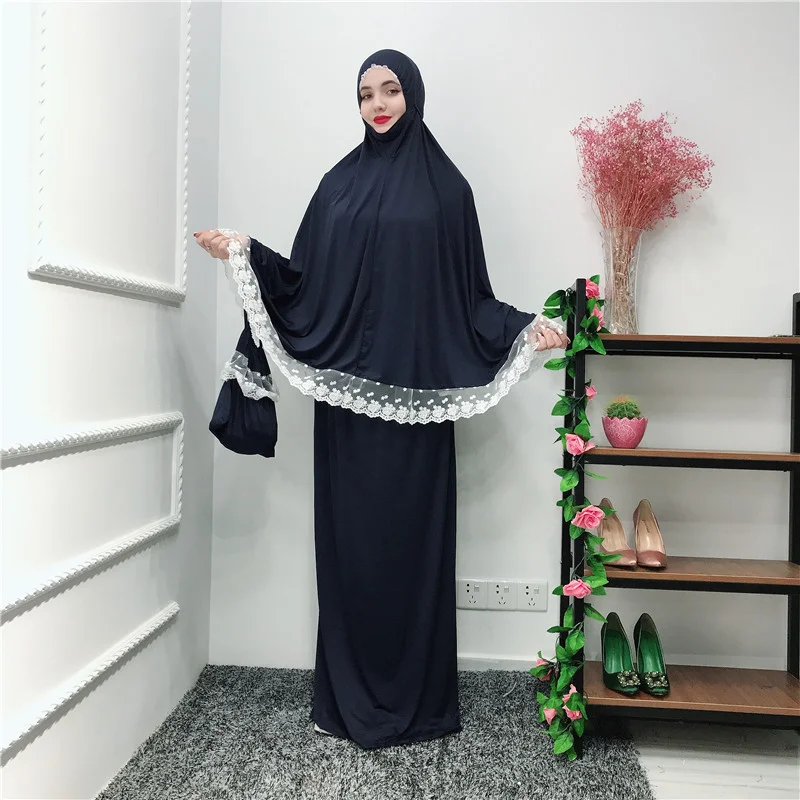 
MXCHAN 2021 Manufacturer Well made lace decoration with tie back muslim prayer dress jersey khimar jilbab saoudien for woman 