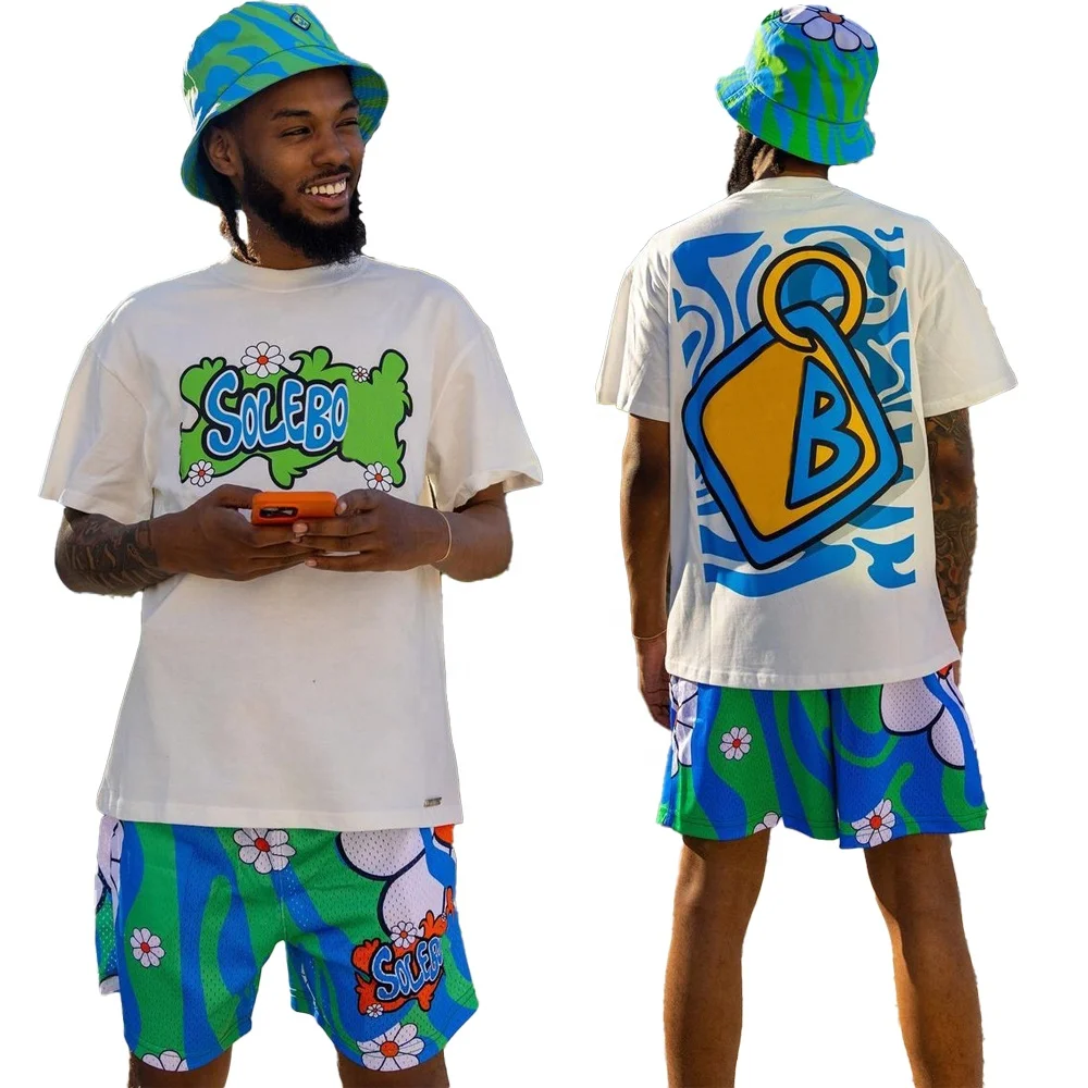KY Short Sleeves Cotton Crew Neck T Shirt Digital Printed Fabric Custom Mesh Shorts 2 Piece Men Summer Set