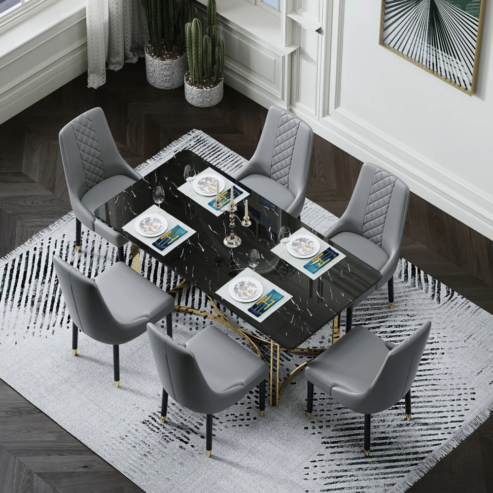 Luxury Nordic European Modern Design Black Marble 4 Seater Dining Table Set 6 Chairs Console Corner Dining Room Sets Furniture