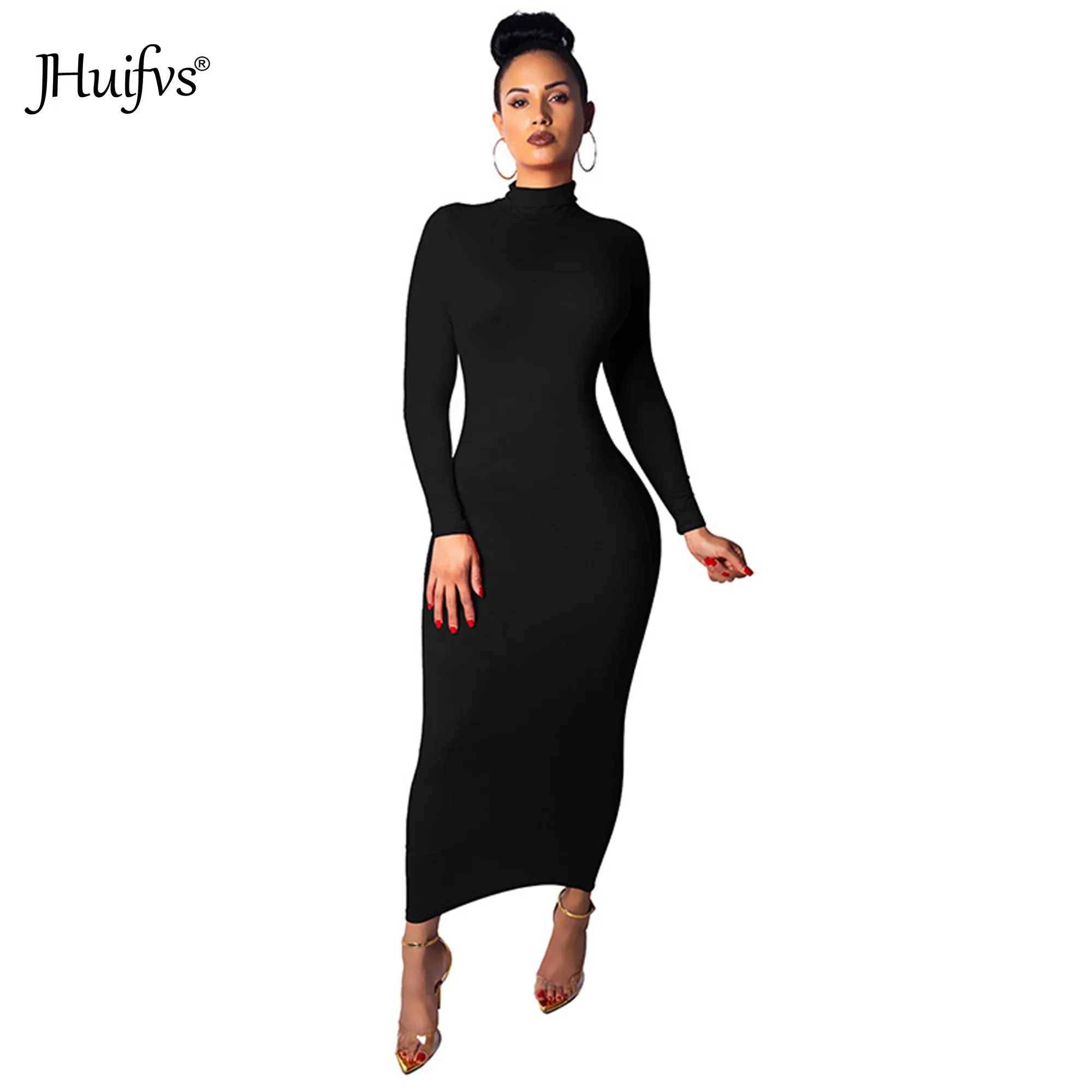 2020 Solid Color Womens High Neck Plain Long Sleeve Muslim Hobble Skirt Bodycon Dress