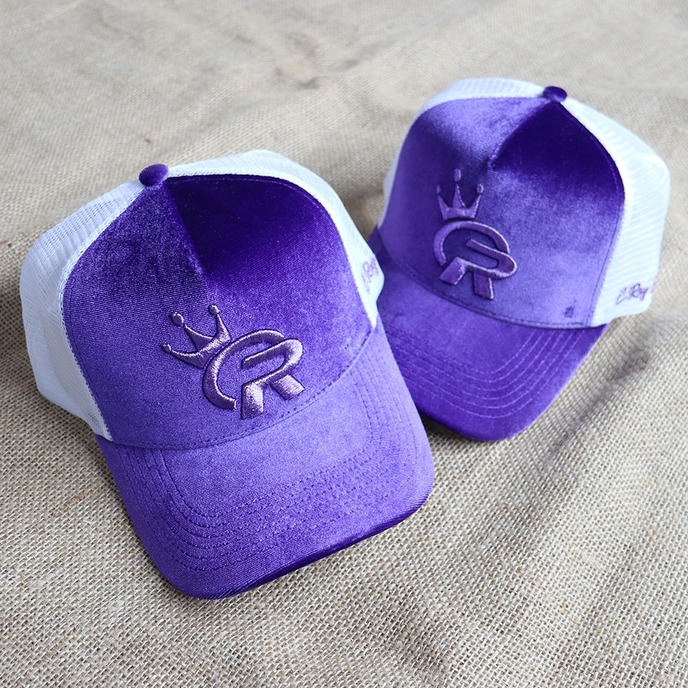 Casual popular sports hats for men and women five panel purple velvet Trucker hats embroidered custom logo
