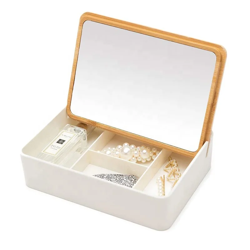 Modern luxury multi purpose pretty makeup case bamboo cosmetic box jewelry storage organizer with lid mirror for women beauty