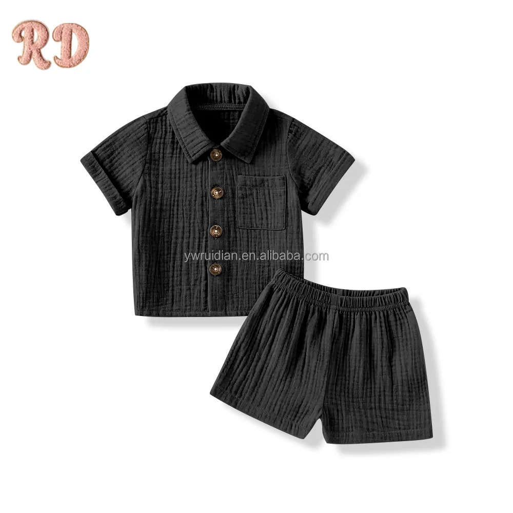 Yiwu Ruidian Kids Custom Wholesale High Quality Cotton Muslin Breathable Cotton Linen Shirt Sets Toddler Boys Clothing Girls Set