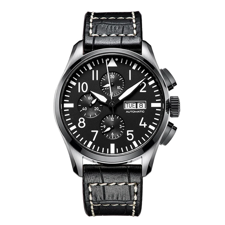 Mexda Chrono Watch Men Automatic Pilot Analogue Watch Orologio Glass Leather Strap Automatic Movement Men Leather Wa