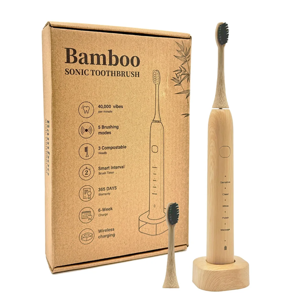 Eco-Friendly Electric Toothbrush Bamboo Brush Head Rechargeable IPX7 Waterproof biodegradable Bamboo sonic Toothbrush