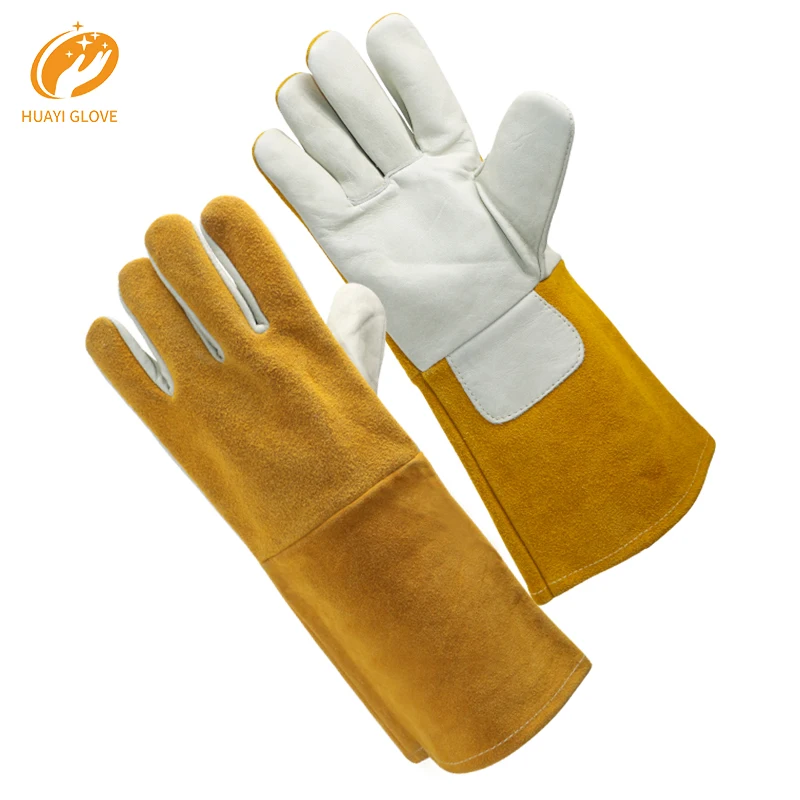 14 Inch Blue Fireproof and Heat Resistant Reinforced Cow Leather Welding Gloves guante soldadura