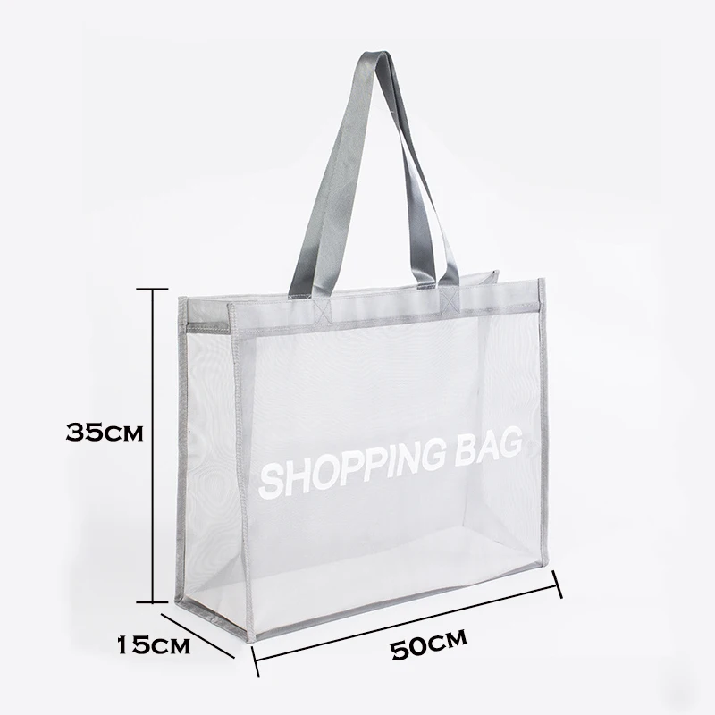 Wholesale Portable Letter Print Breathable Transparent Beach Bag Supermarket Mall Nylon Mesh Shopping Bag