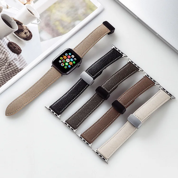 Wholesale 2024 colorful stainless steel connecter colorful magnetic buckle watch strap luxury real leather watch band for apple
