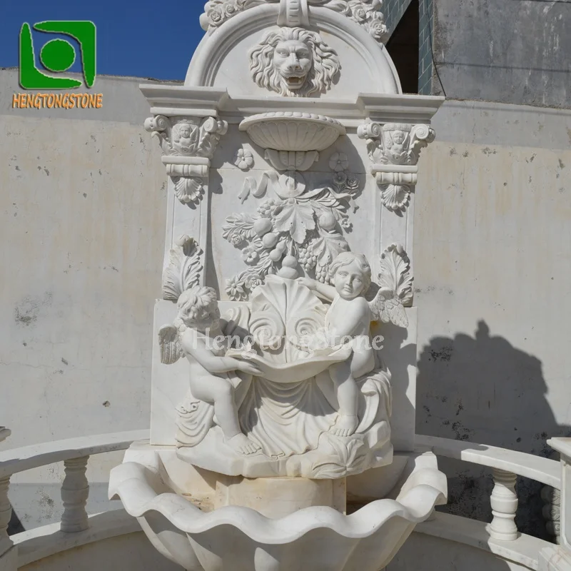 Garden Decoration Hand Carved White Marble Angel and Flower Pattern Engraving Round Stone Water Fountain