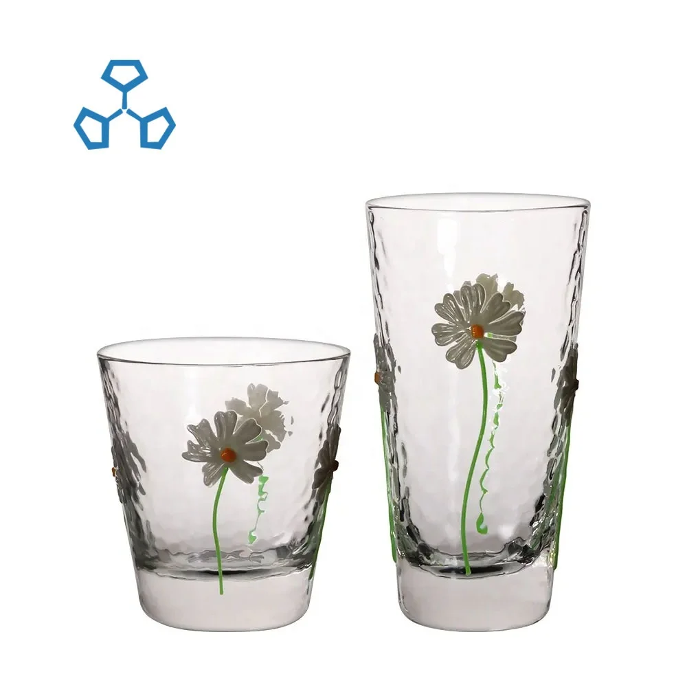 Embosed Hammer Unique Original Long Water Drinking Glass Set Pattern Luminous Design Cup with Thick Bottom for Restaurant