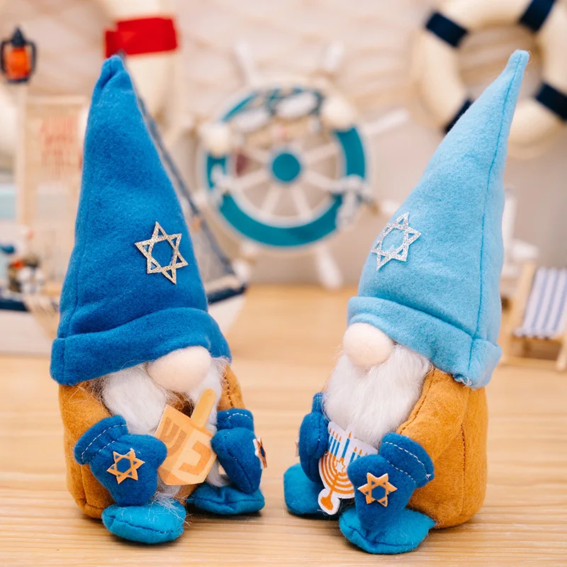 Hanukkah Decoration Ocean Blue Couple Dwarf Faceless Doll Holding Candlestick Chanukah Jewish Ornament Handmade Home Decoration