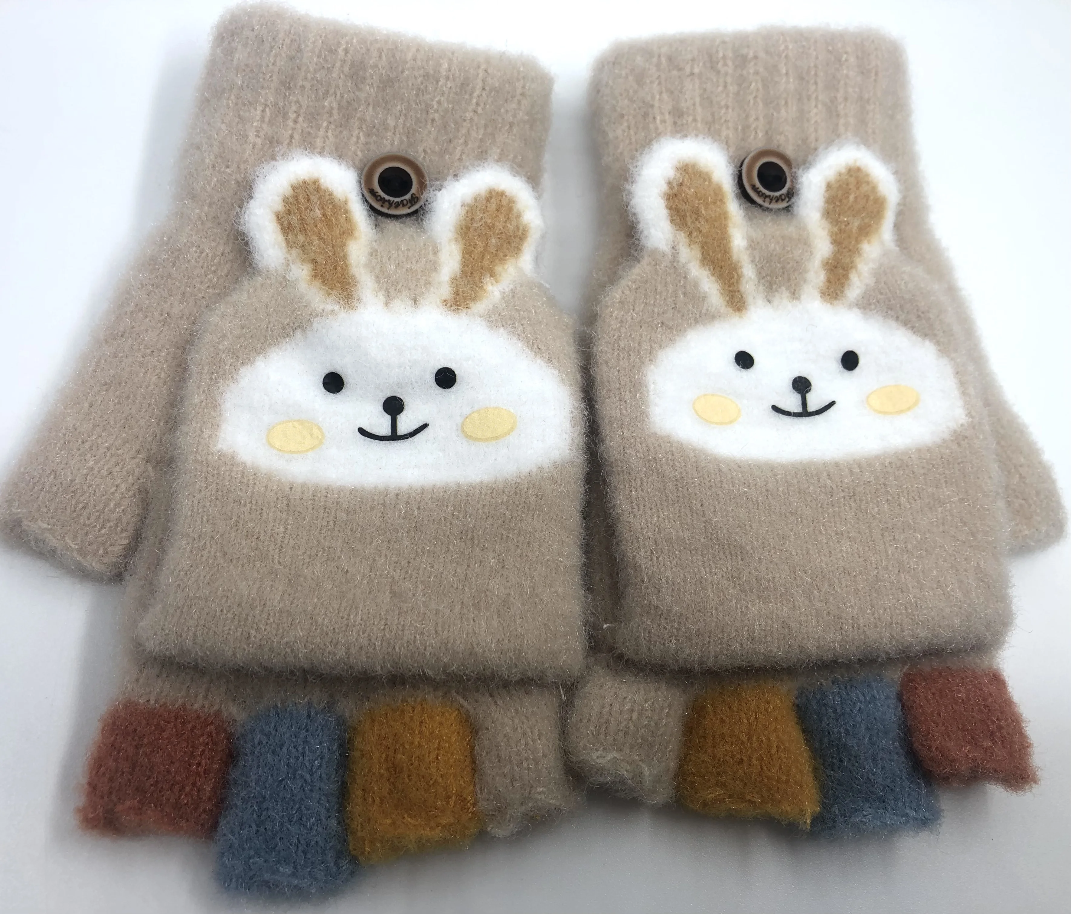 Factory Directly sale Half fingers with cap warm gloves ,cute rabbit jacquard gloves Low price Wholesale kids winter gloves