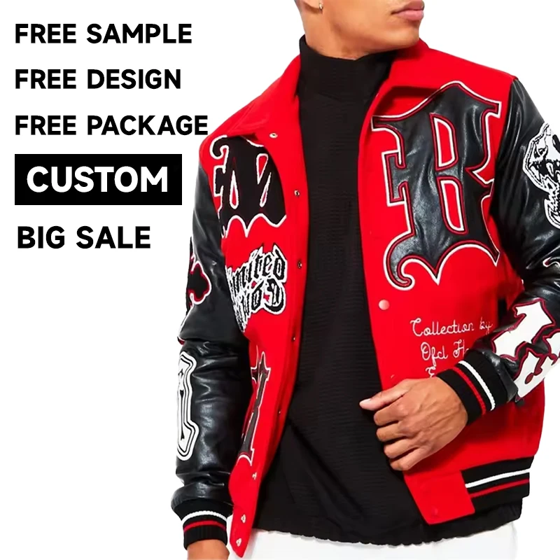 Premium Letterman Baseball Custom Print Bomber Jacket Leather Sleeves Varsity Jacket For Men