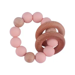 Hot Sell Newborn Silicone Beads Diy Baby Silicone Rattle Wrist Ball Teether Ring Beech Wooden Teething Ring Toys Bebe Gift